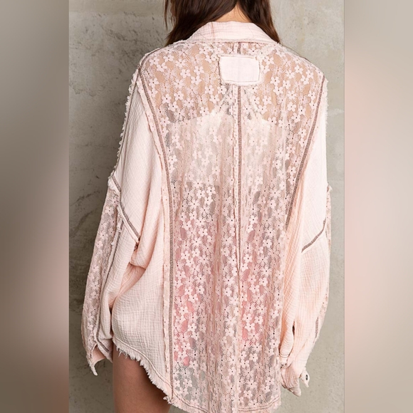 POL Designer Baby Pink Oversize Lace Button-Down Shirt - Picture 2 of 5